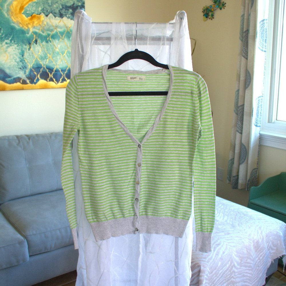 Old Navy V-Neck Cardigan|Gray & Green Cardigan|Low V-Neck Button Down Sweater